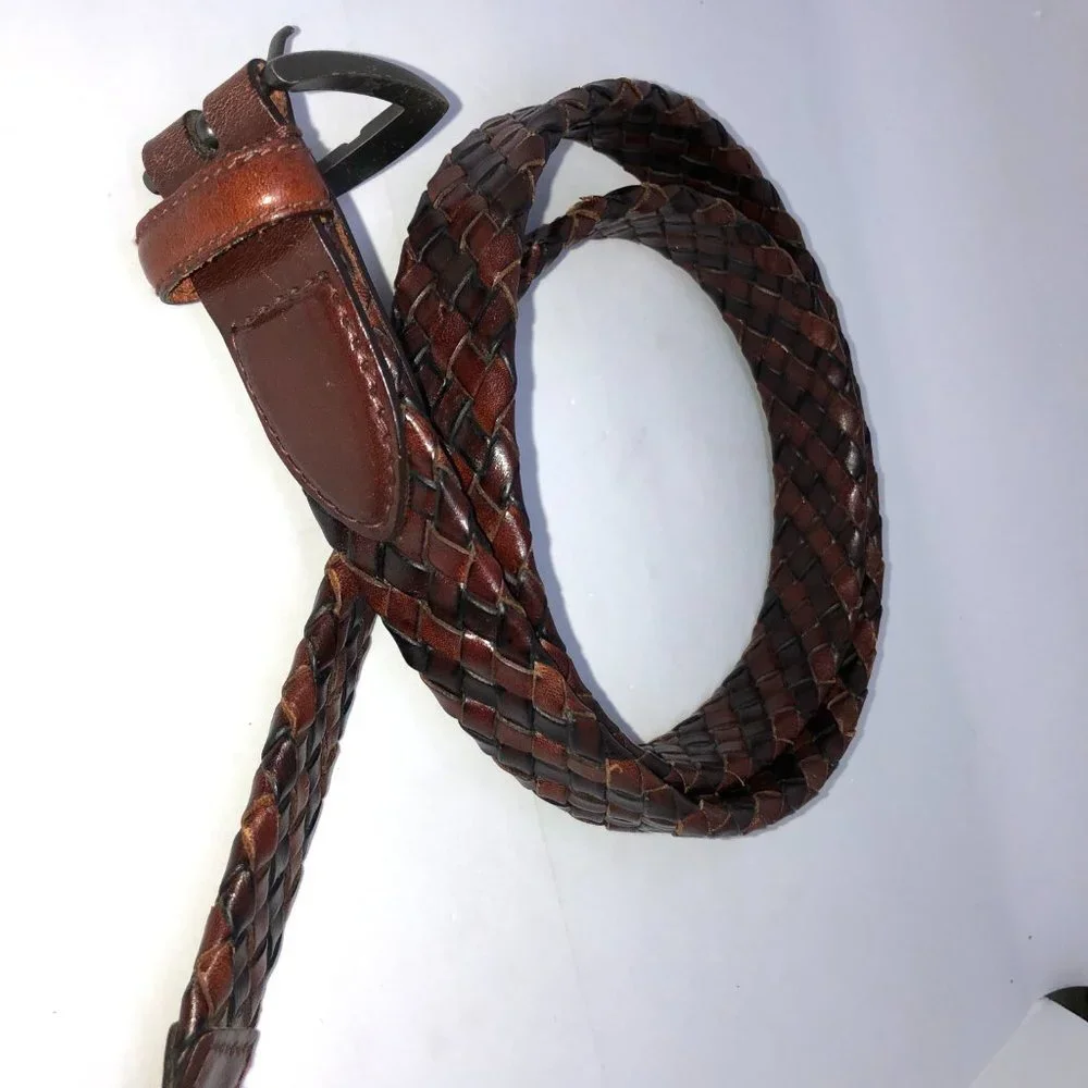 Brown Black 2-tone Leather Belt Weave Pattern Metal Buckle‎ 38/95